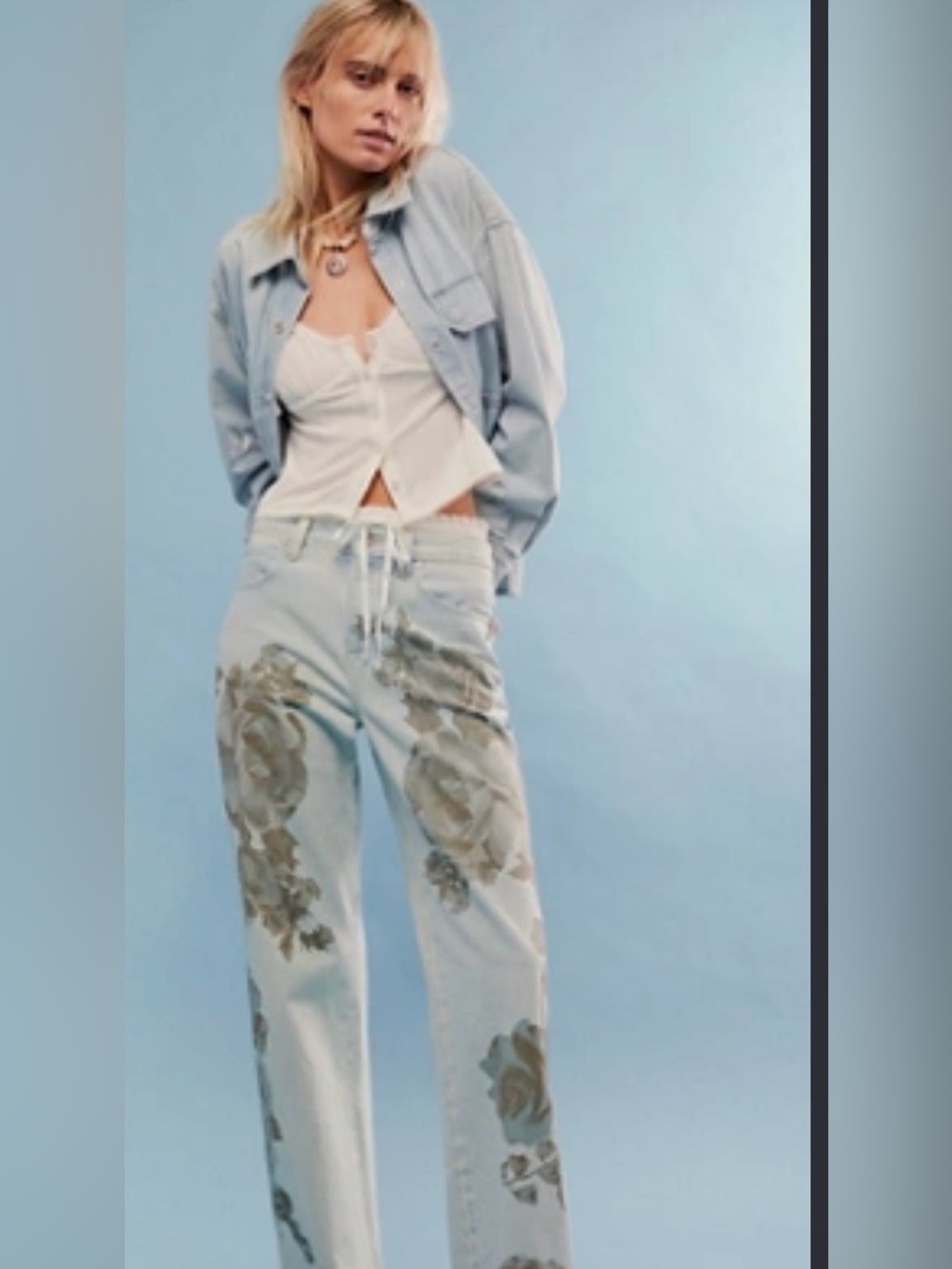 We The Free Light Blue Straight-Leg Jeans with Olive Floral Print